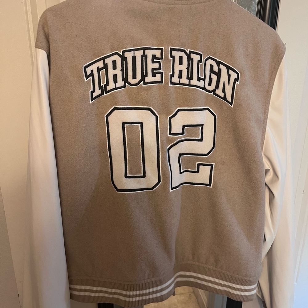True Religion Beige and White Letterman Jacket